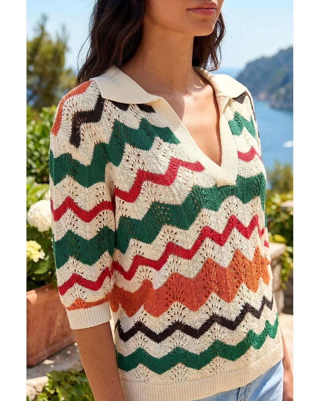 Roman White Collar Wave Stripe Knit Top