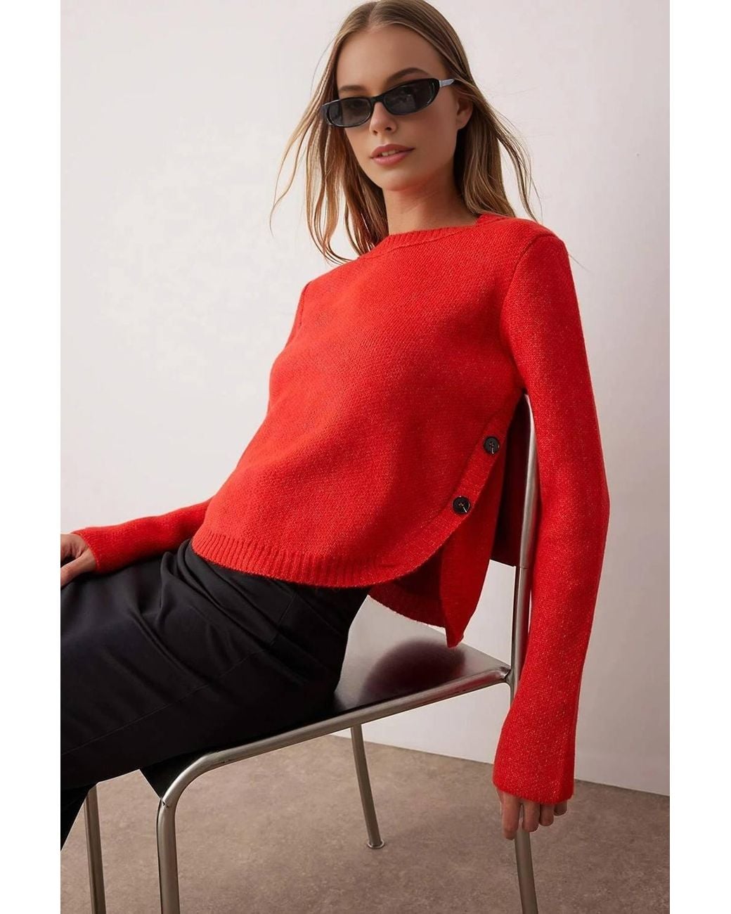 WOVCOR Red Oversized Crew Neck Long Sleeve Knit Sweater W/ Button Detail