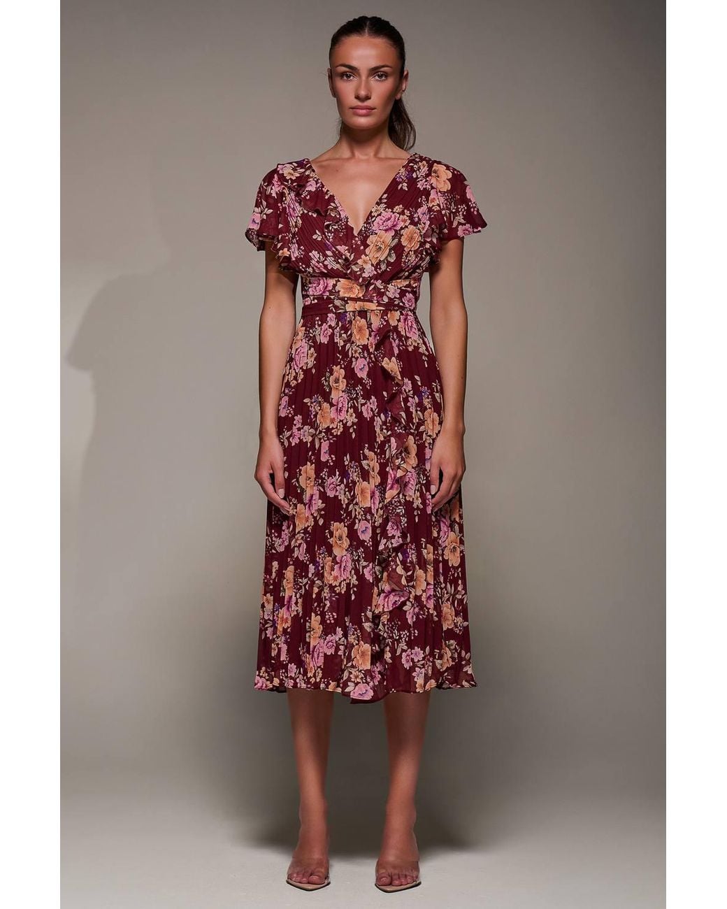Jolie Moi Red Printed Ruffle Detail Pleated Chiffon Midi Dress