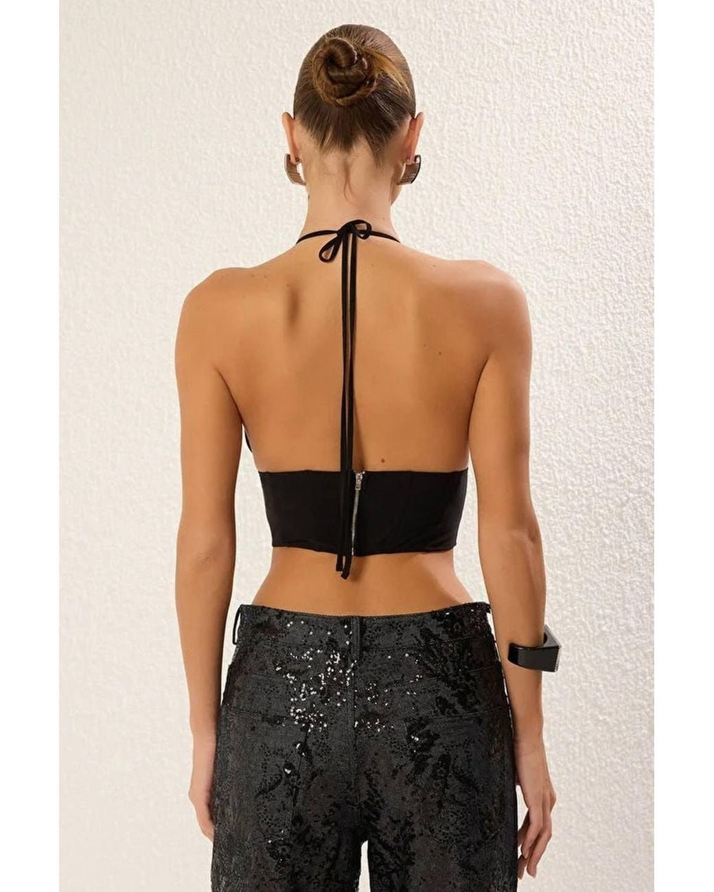 WOVCOR Black Halterneck Plunge Ruched Bustier Crop Top