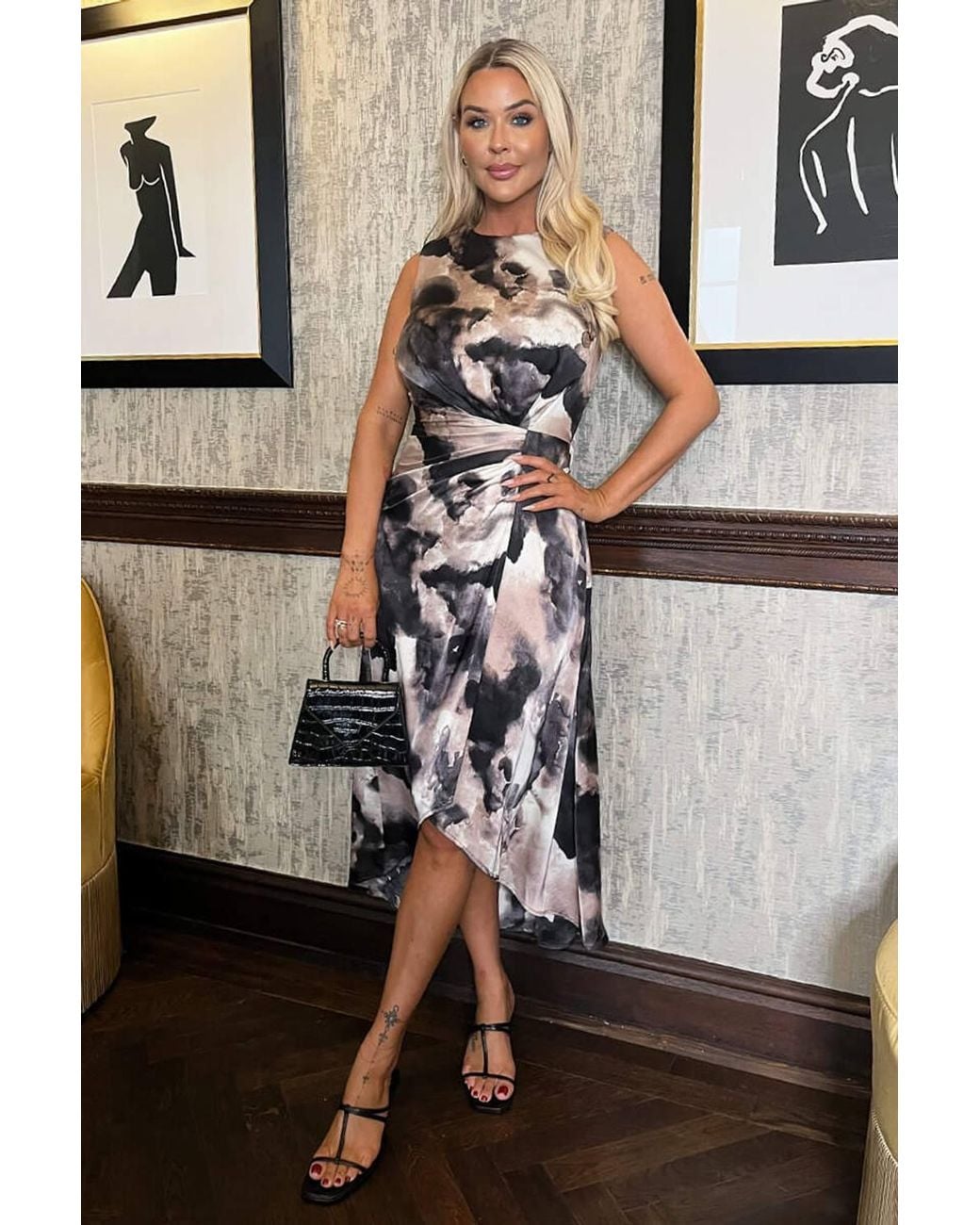 AX Paris Multicolor Multi Marble Print Gathered Midi Dress W/ Shoulder Pads