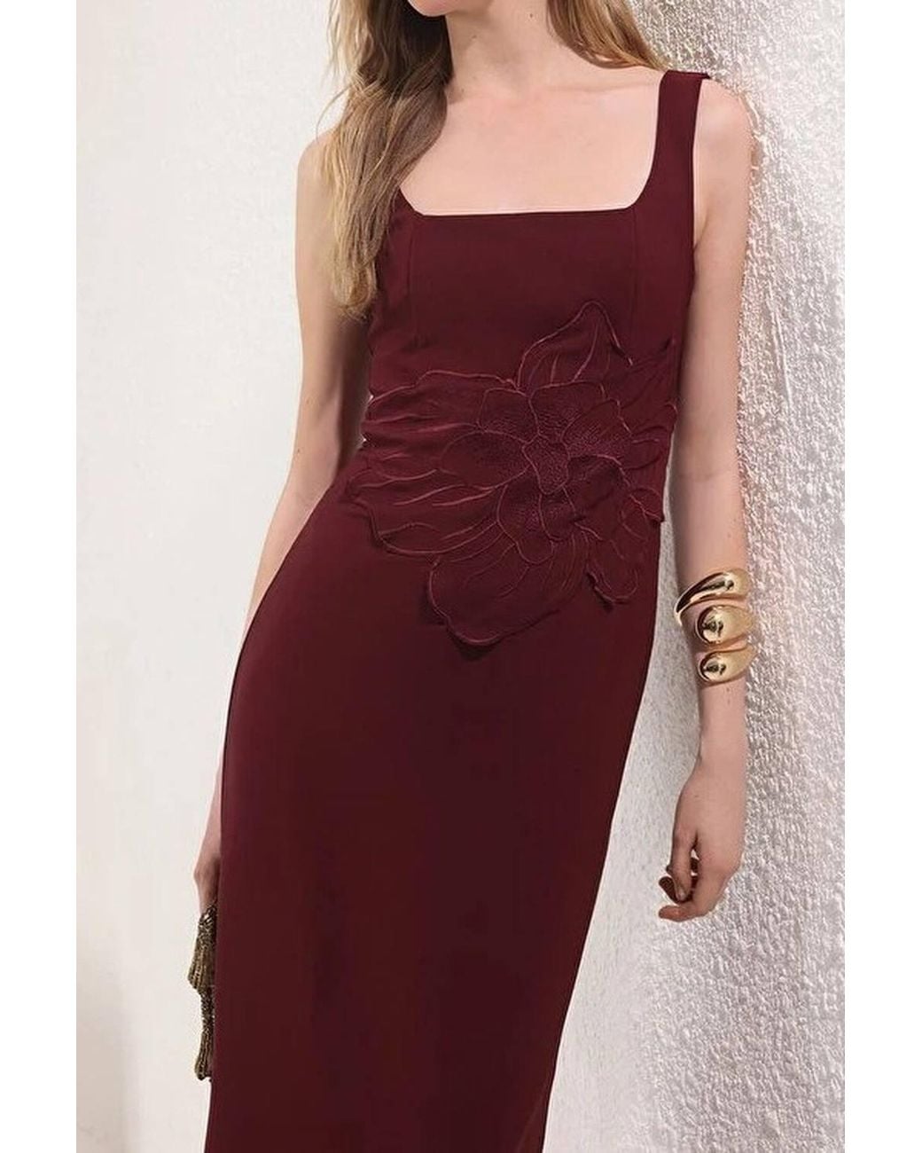 WOVCOR Red Floral Applique Square Neck Maxi Evening Dress