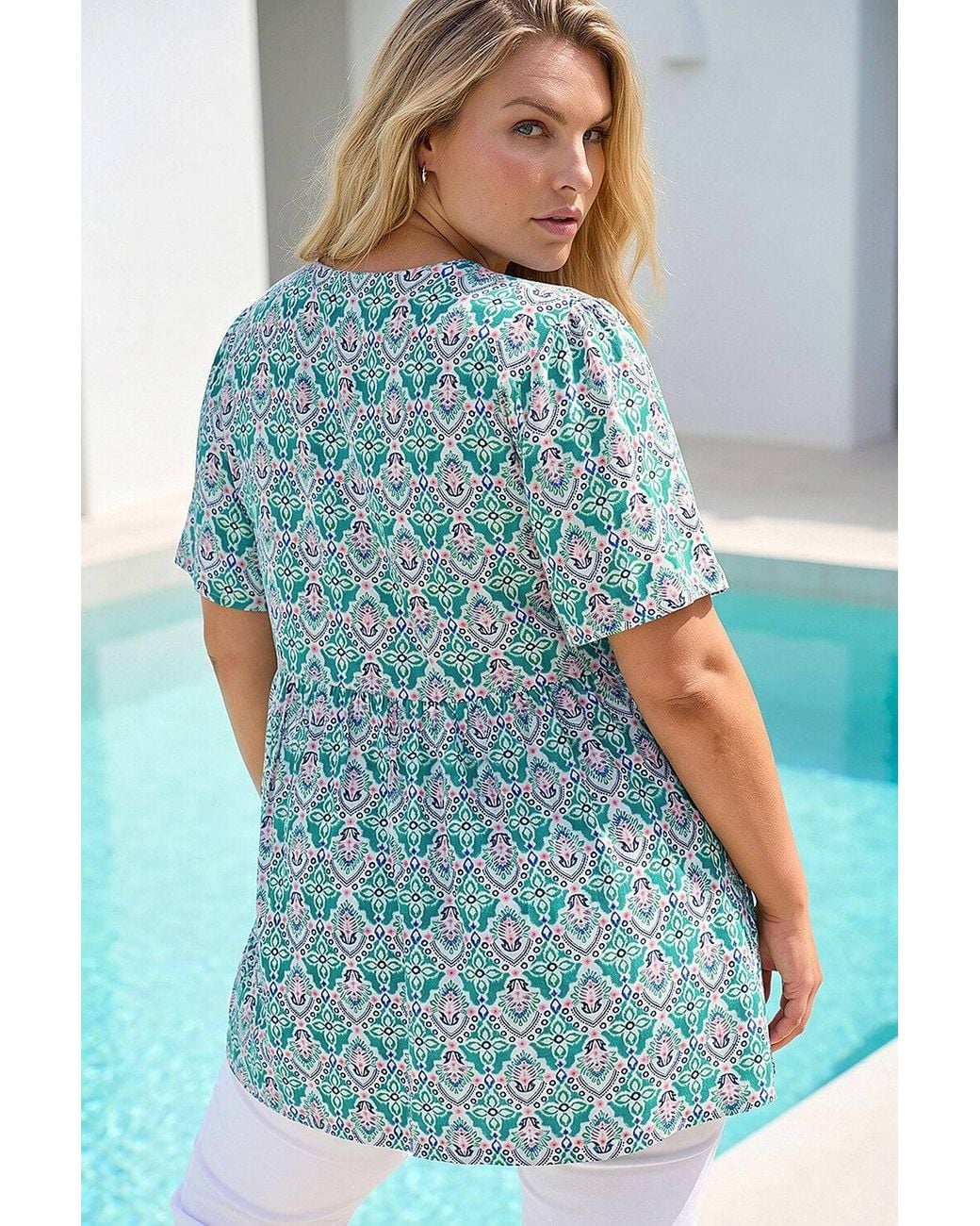 Roman Blue Curve Tie Front V-Neck Boho Printed Top