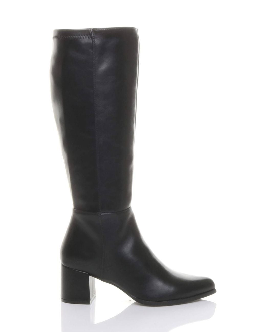AJVANI Black Mid Block Heel Pointed Toe Stretchy Riding Calf Boots
