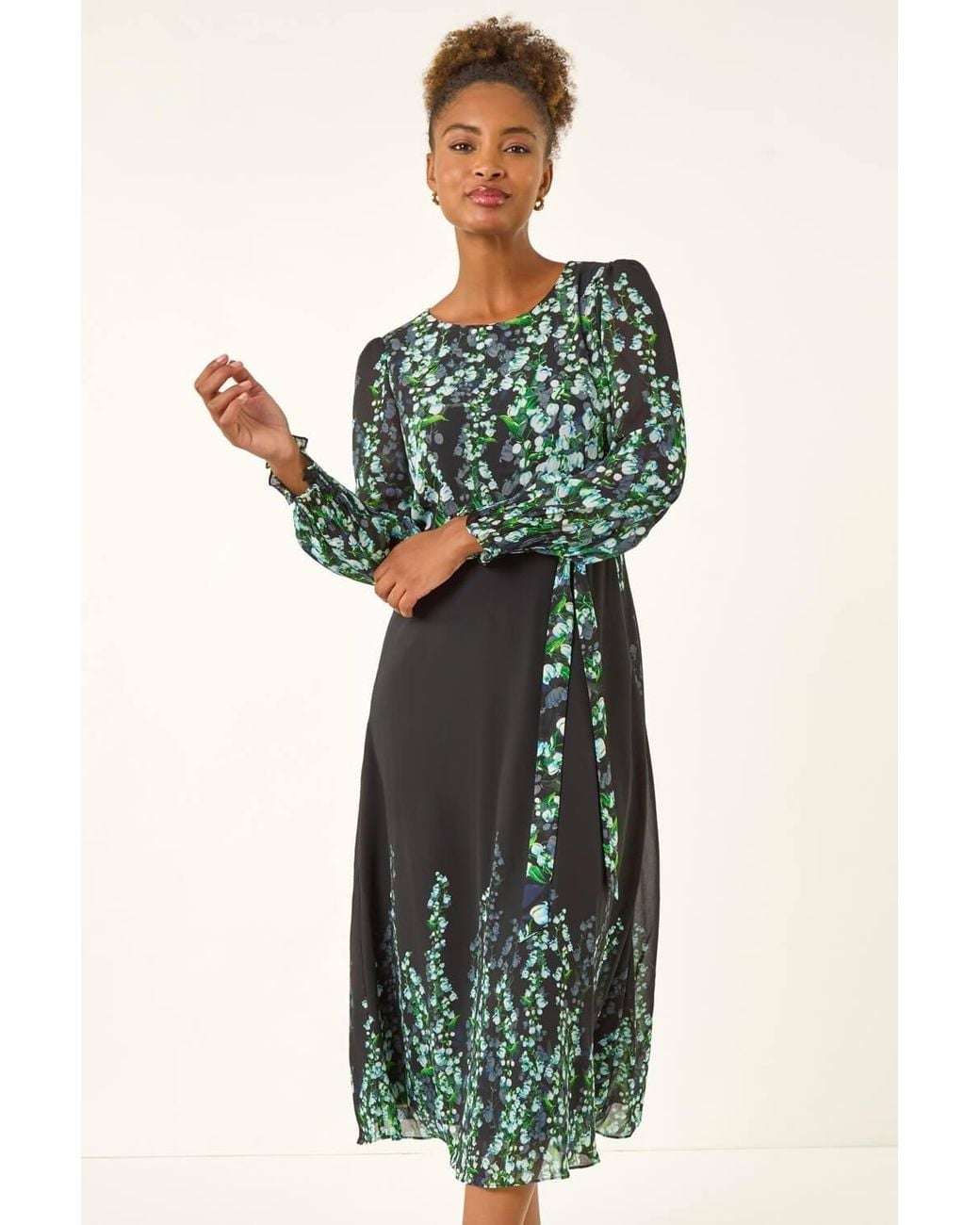 Roman Green Floral Border Belted Midi Dress
