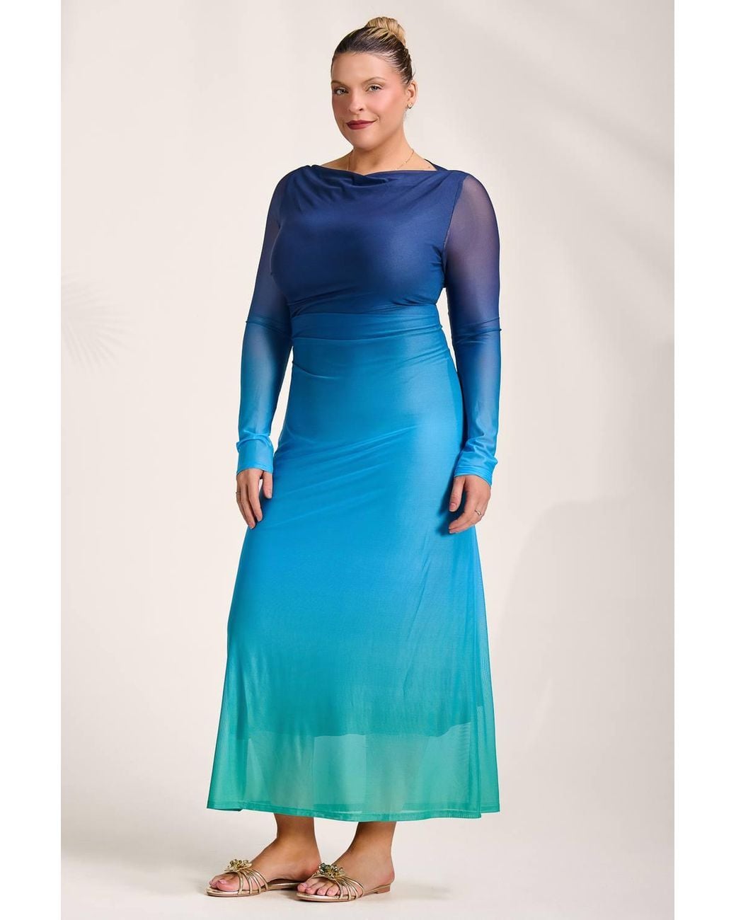 Jolie Moi Blue Long Sleeve Slash Neck Mesh Maxi Dress