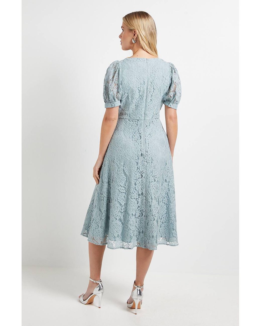 Wallis Blue Petite Lace V Neck Tea Midi Dress