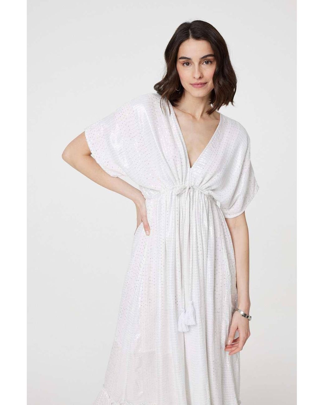 Izabel London White Dotty Empire Waist Kimono Maxi Dress