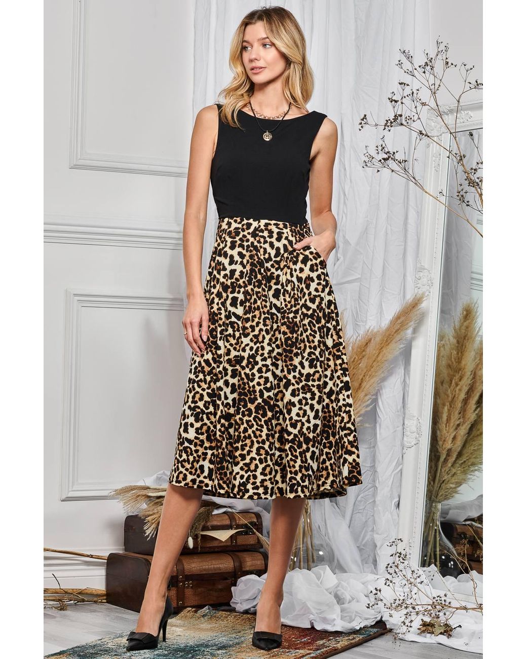 Jolie Moi Brown Two Tone Contrast Print Midi Dress