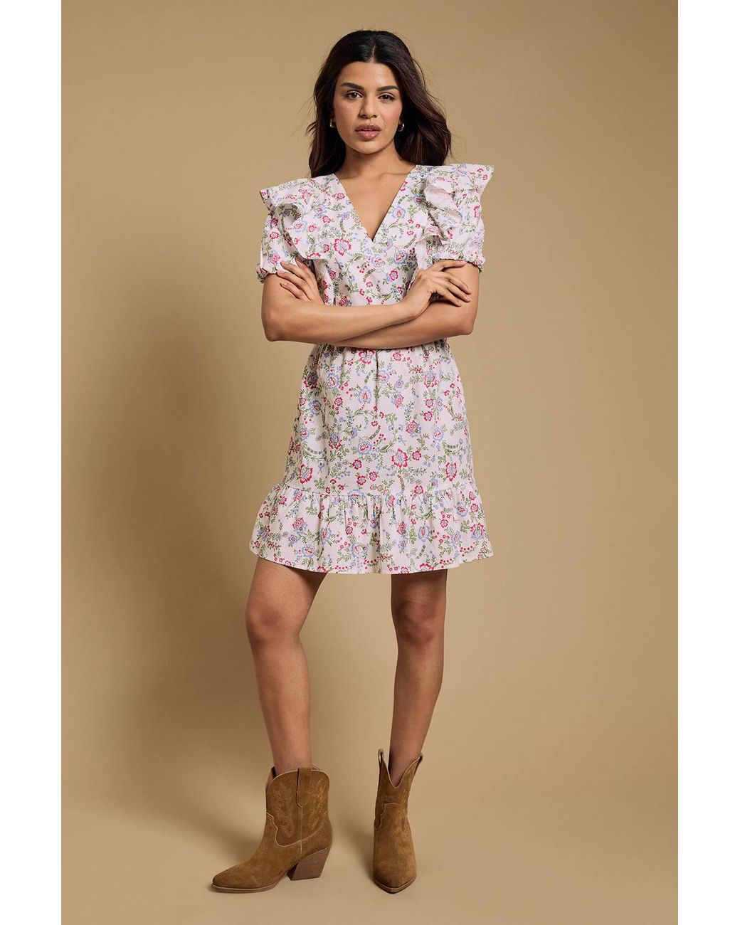 Dorothy Perkins Natural Petite Ruffle Shoulder Puff Sleeve Poplin Mini Dress