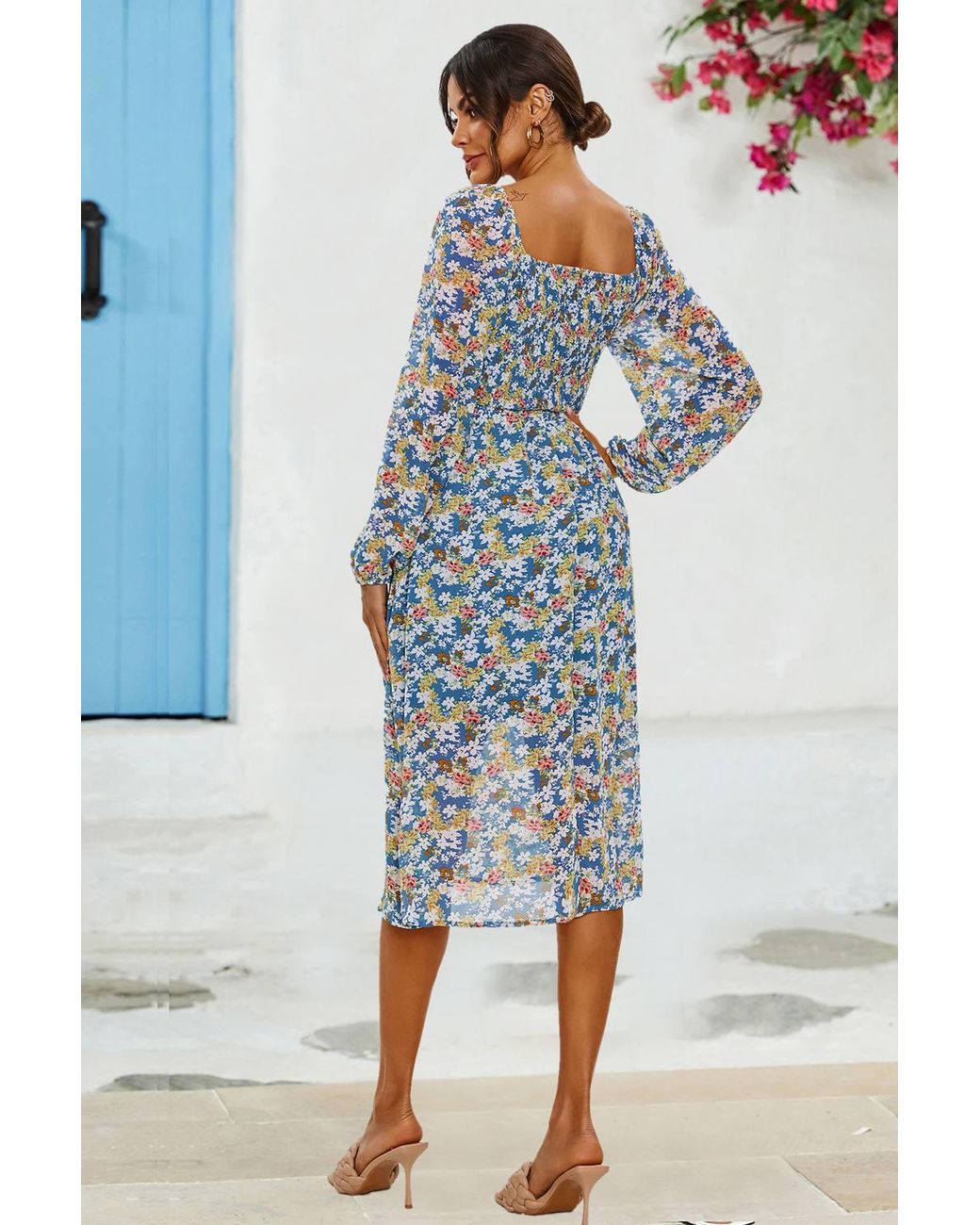 FS Collection Blue Floral Print Long Sleeve Maxi Dress