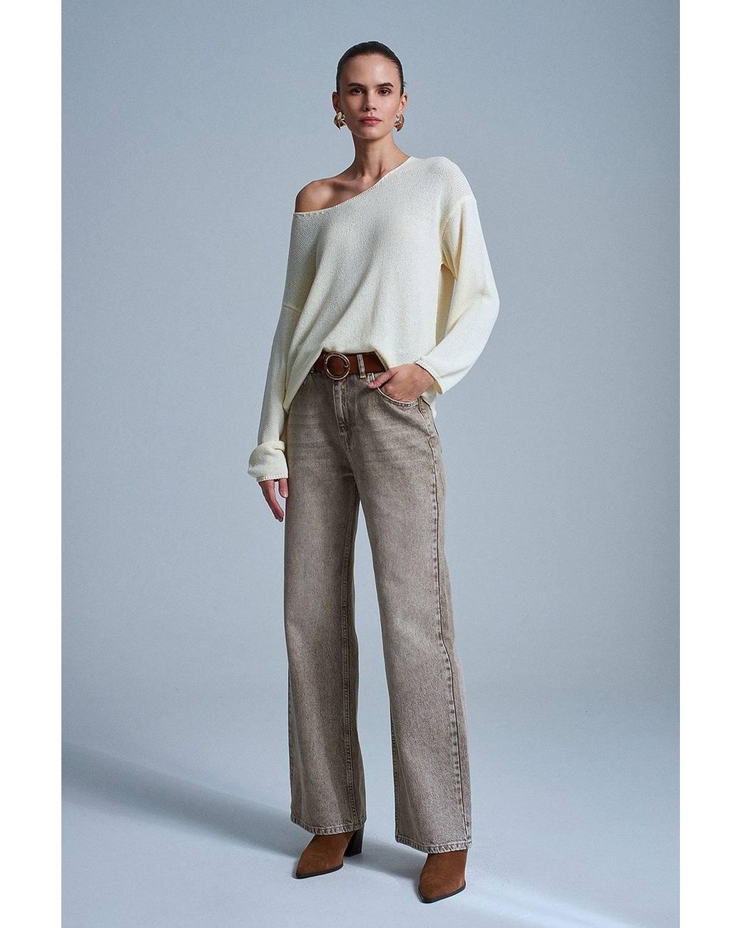 Dilvin Gray Ribbed Boat-Neck Knit Sweater
