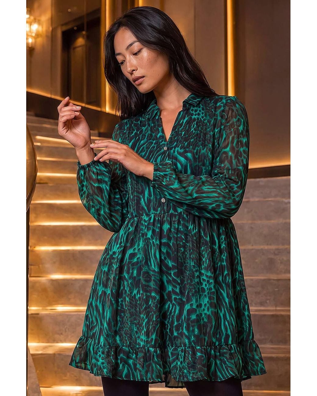 Roman Blue Petite Animal Print Frill Hem Dress