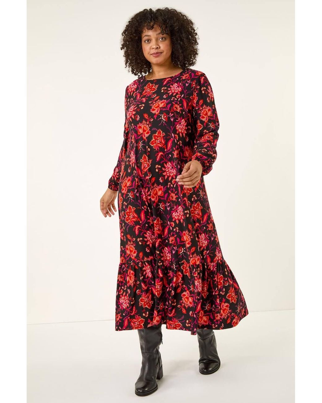 Roman Red Curve Floral Print Stretch Dress