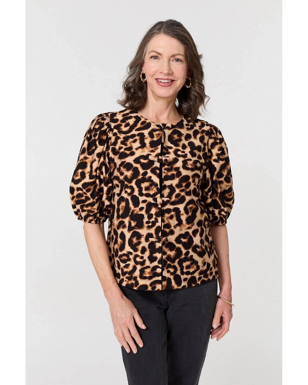 Izabel London Brown Animal Print Bow Front Puff Sleeve Shirt