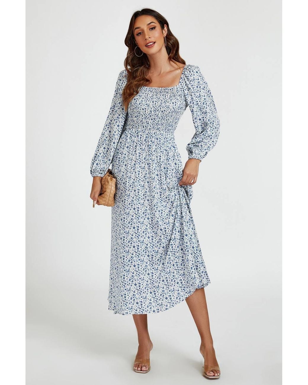 FS Collection Blue Print Square Neck Midi Dress W/ Long Sleeves