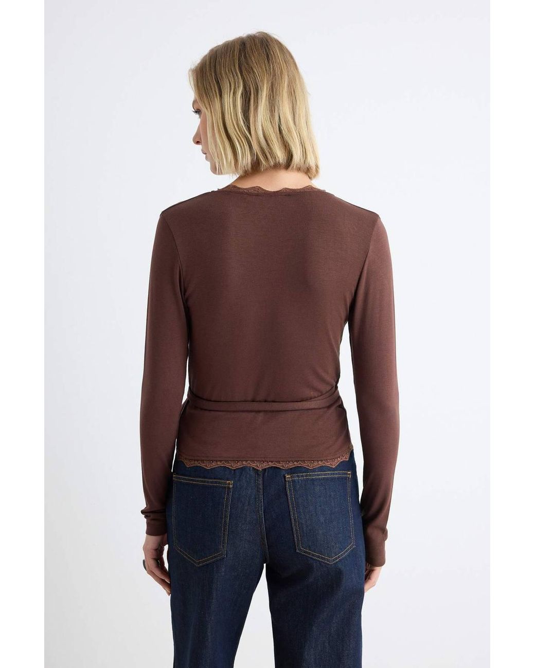 WOVCOR Red Fitted Wrap Neckline Long Sleeve Lace Detail Crop Blouse