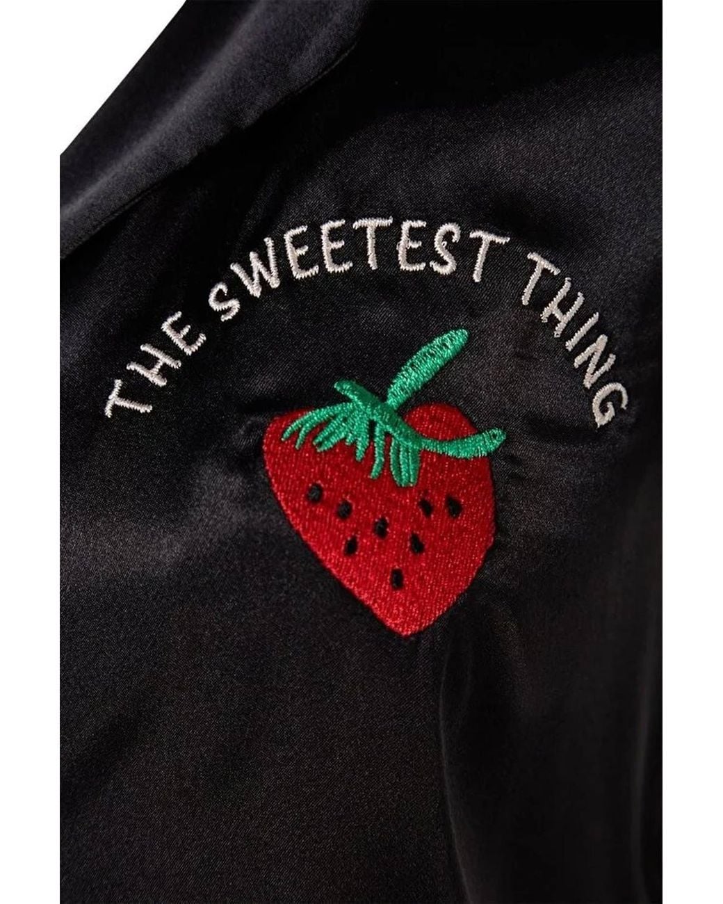 WOVCOR Black Strawberry Embroidered Satin Short Sleeve Pyjama Set