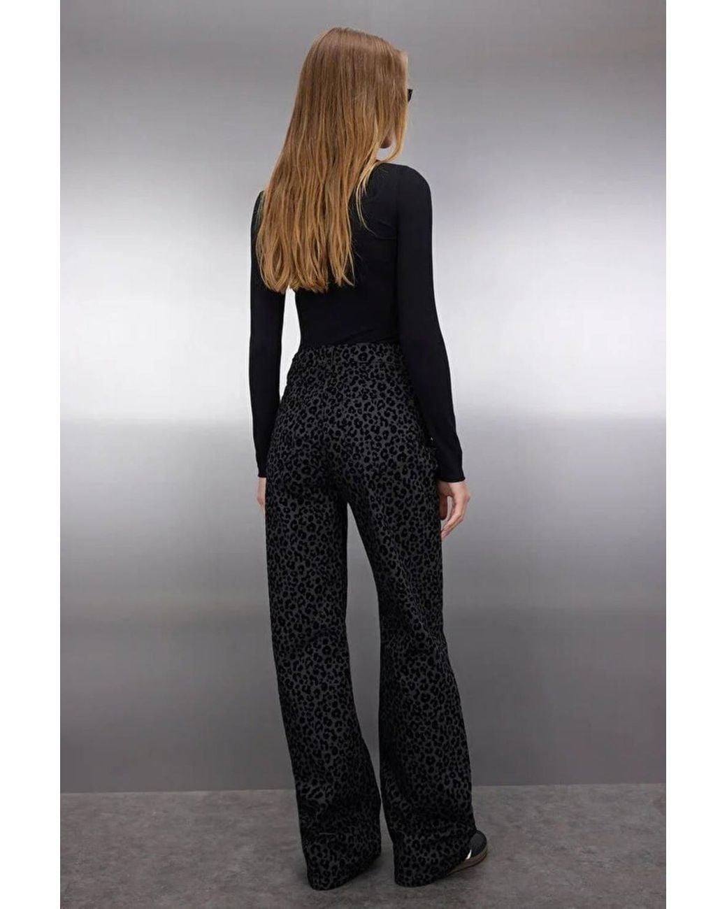 WOVCOR Black Leopard Print High Waist Suede Look Wide Leg Trousers