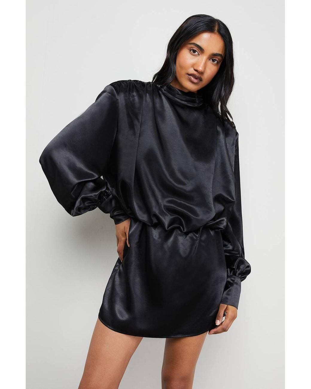 Warehouse Black Extreme Shoulder Draped Satin Mini Dress