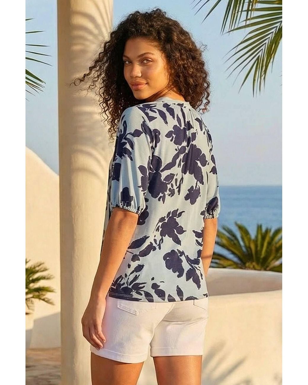 Roman Blue Petite Floral Tie Front Top