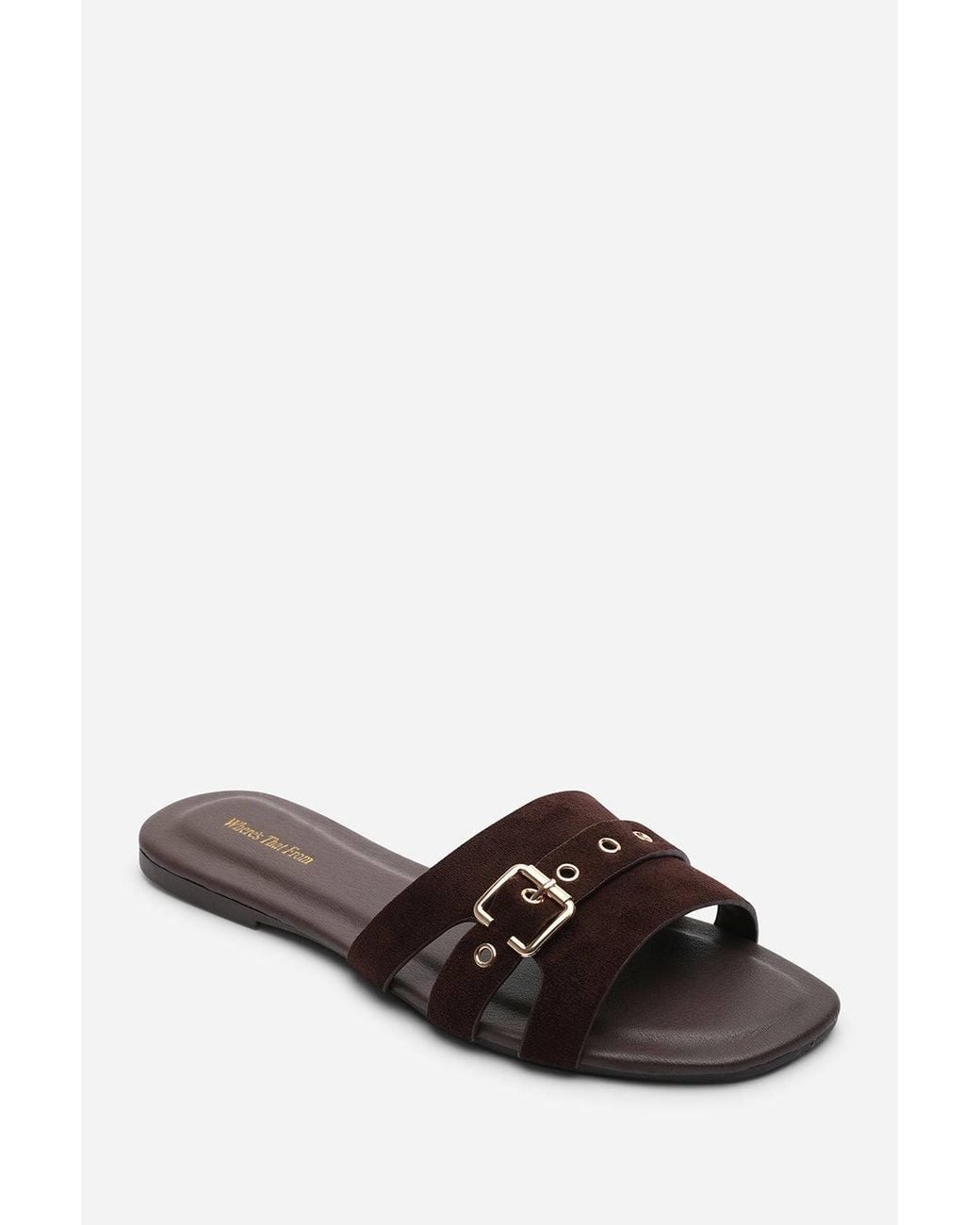 Where's That From Brown 'Alvita' Buckle Slide On Flat Suede Sandal