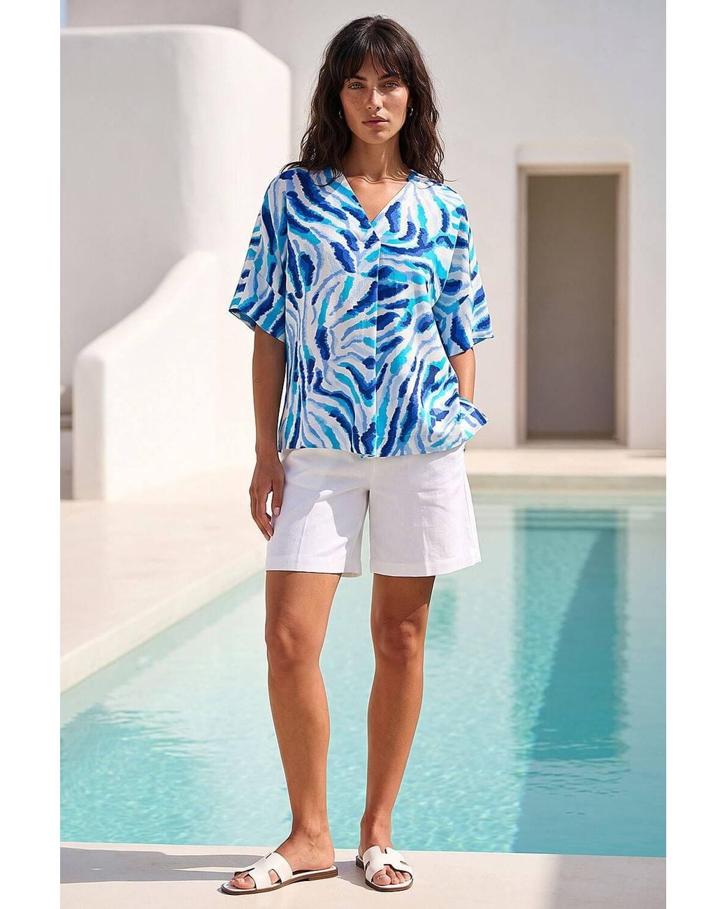 Roman Blue Animal Print Pleated Tunic Top