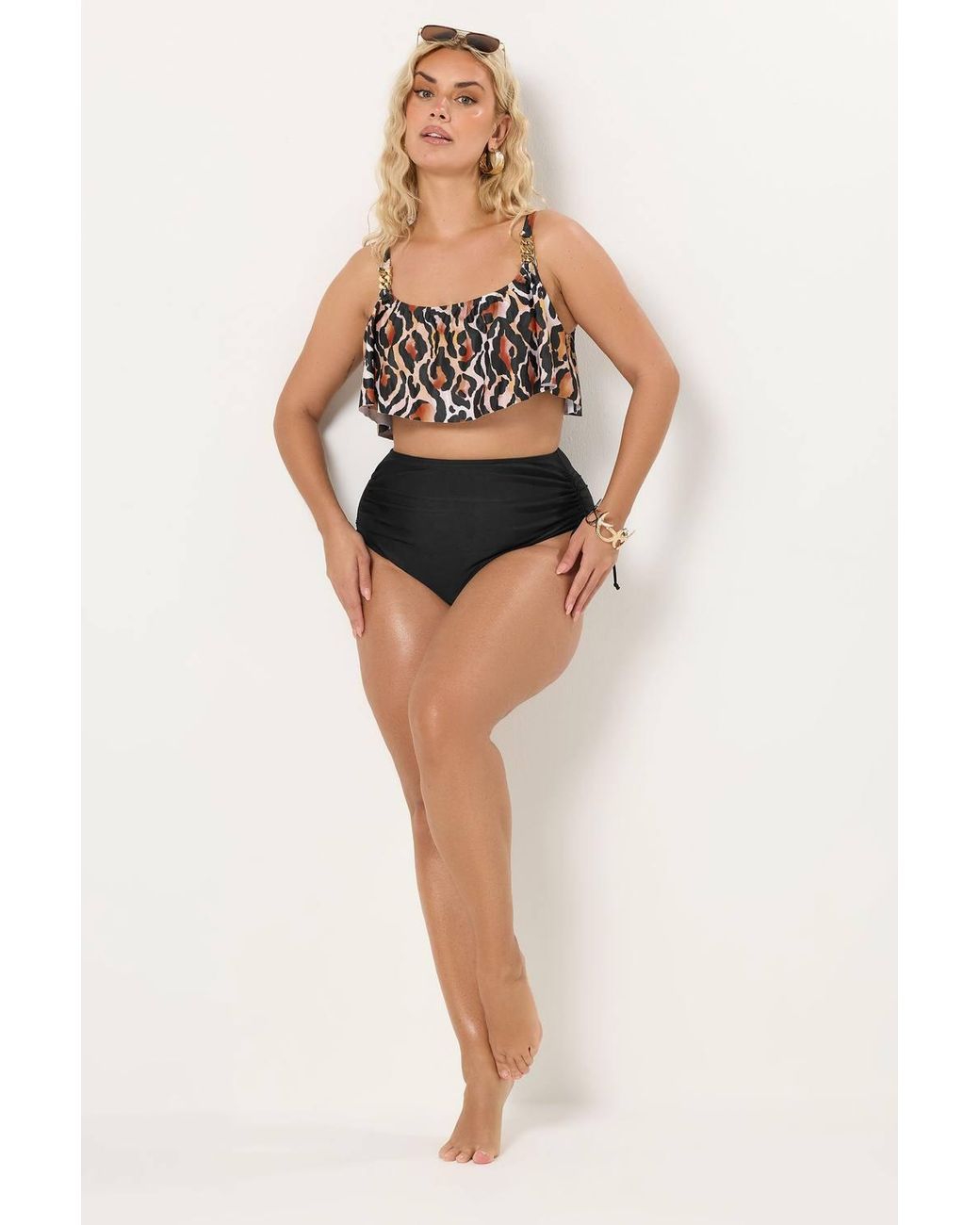 Yours Black Leopard Print Frill Bikini Top