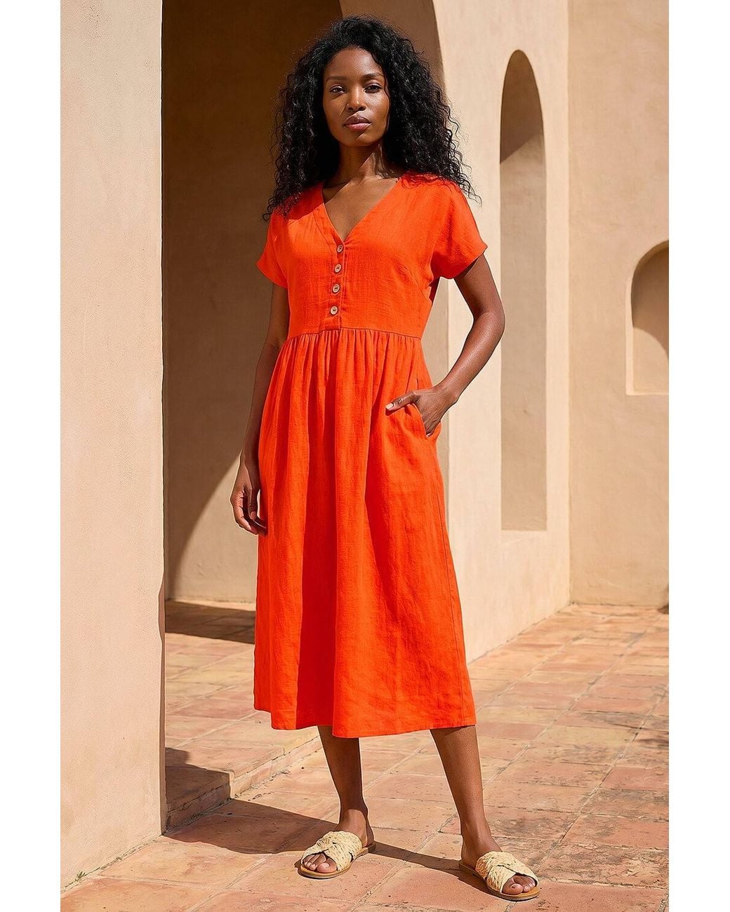 Roman Orange Linen Look Button Midi Dress