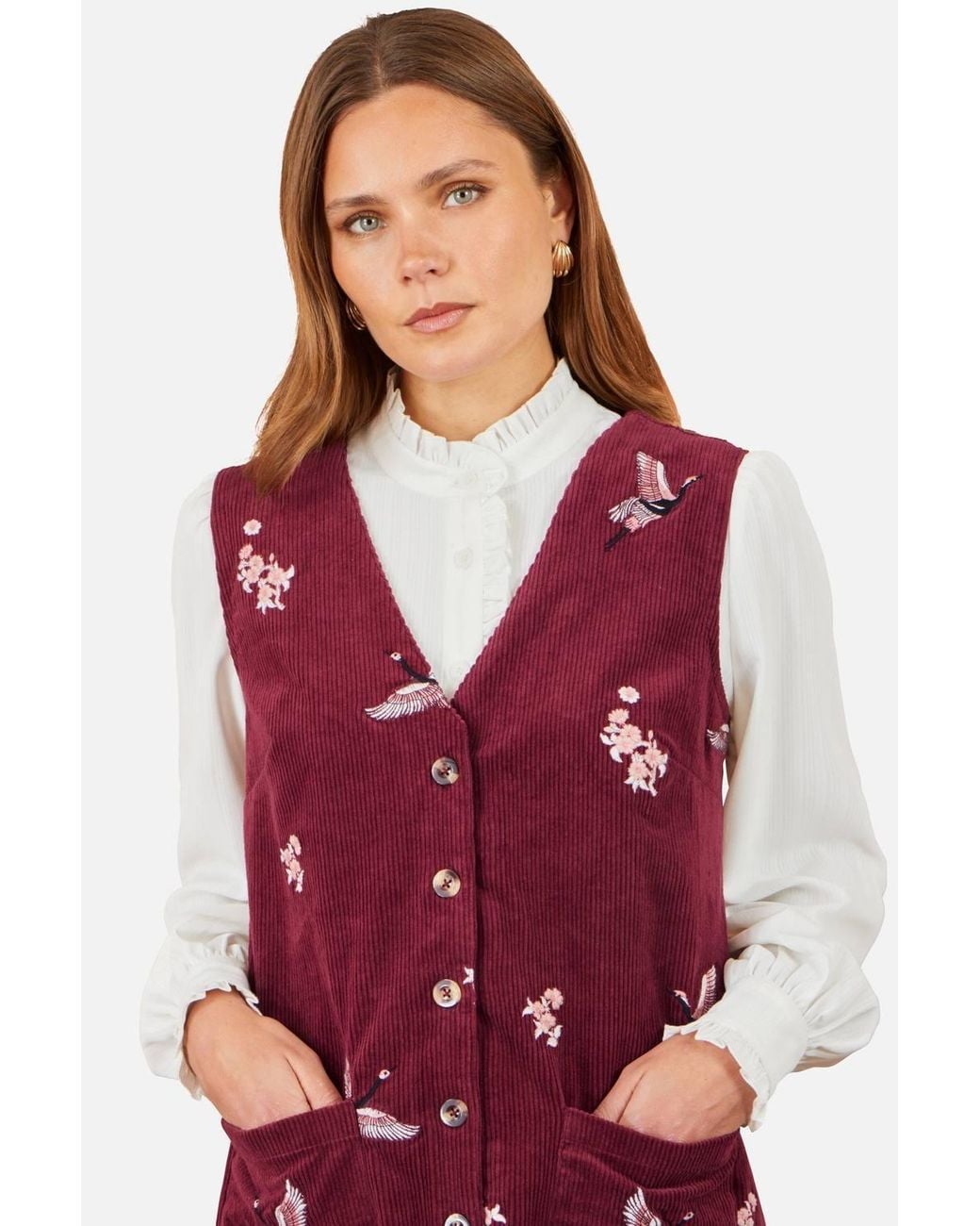 Yumi' Red Crane Embroidery Button Up Pinafore Dress