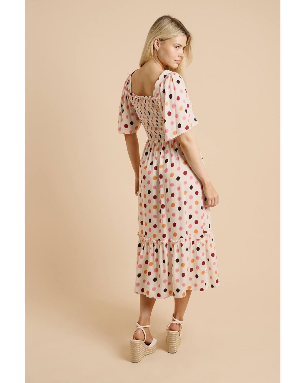 Dorothy Perkins Natural Spot Shirred Bodice Flutter Sleeve Midi Dress