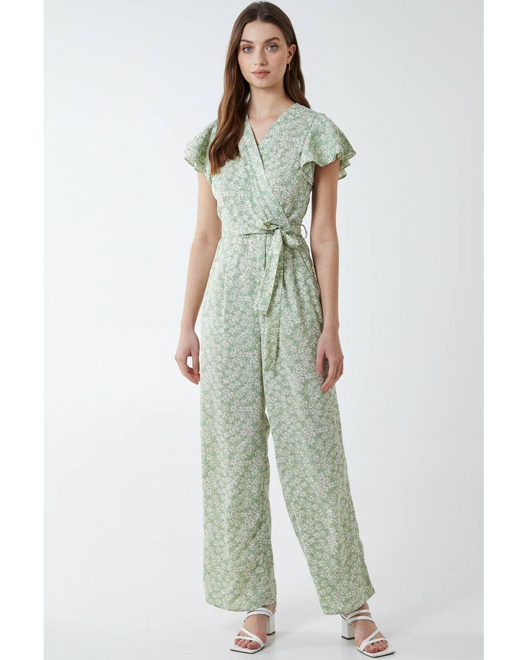 Blue Vanilla Green Wrap Front Frill Sleeve Jumpsuit