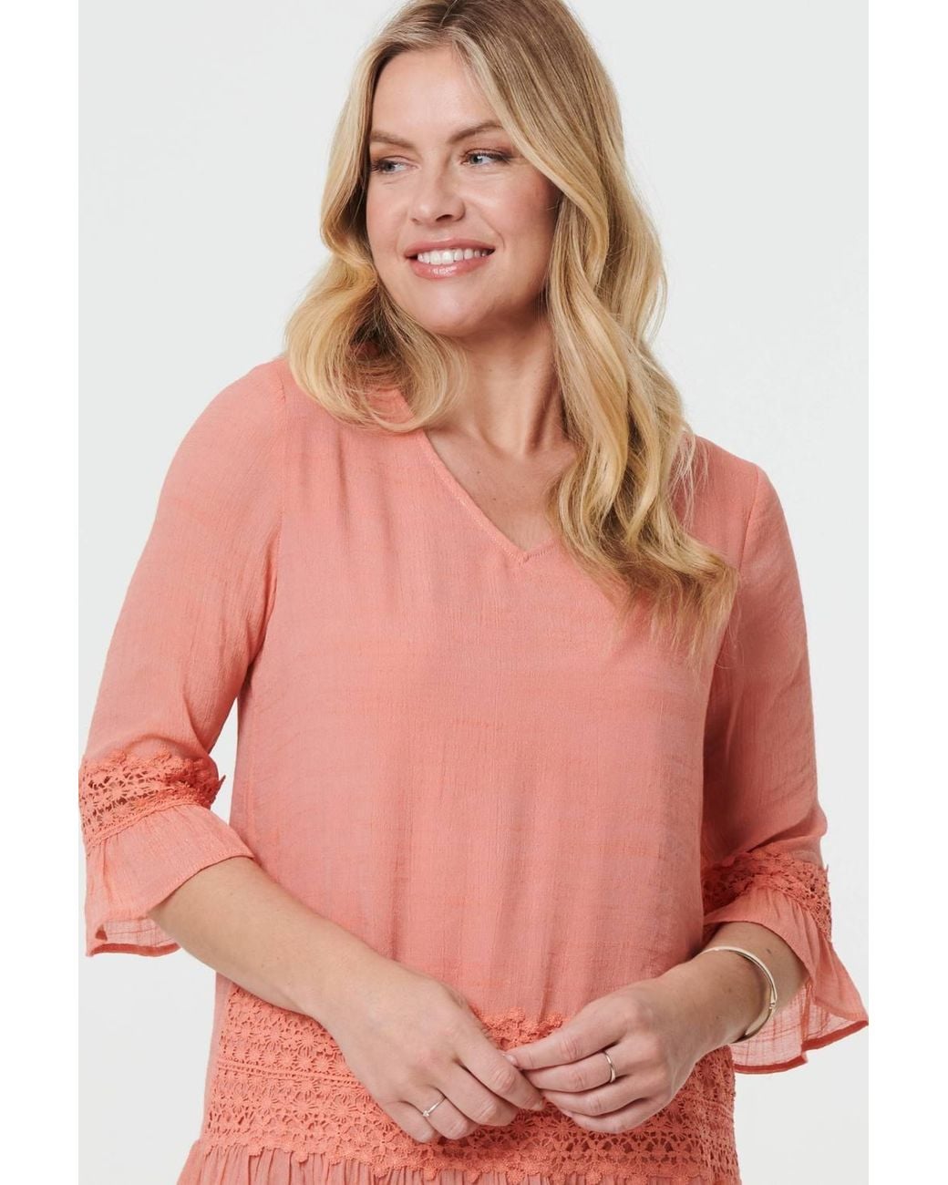 Izabel London Lace Trim 3/4 Flared Sleeve Blouse