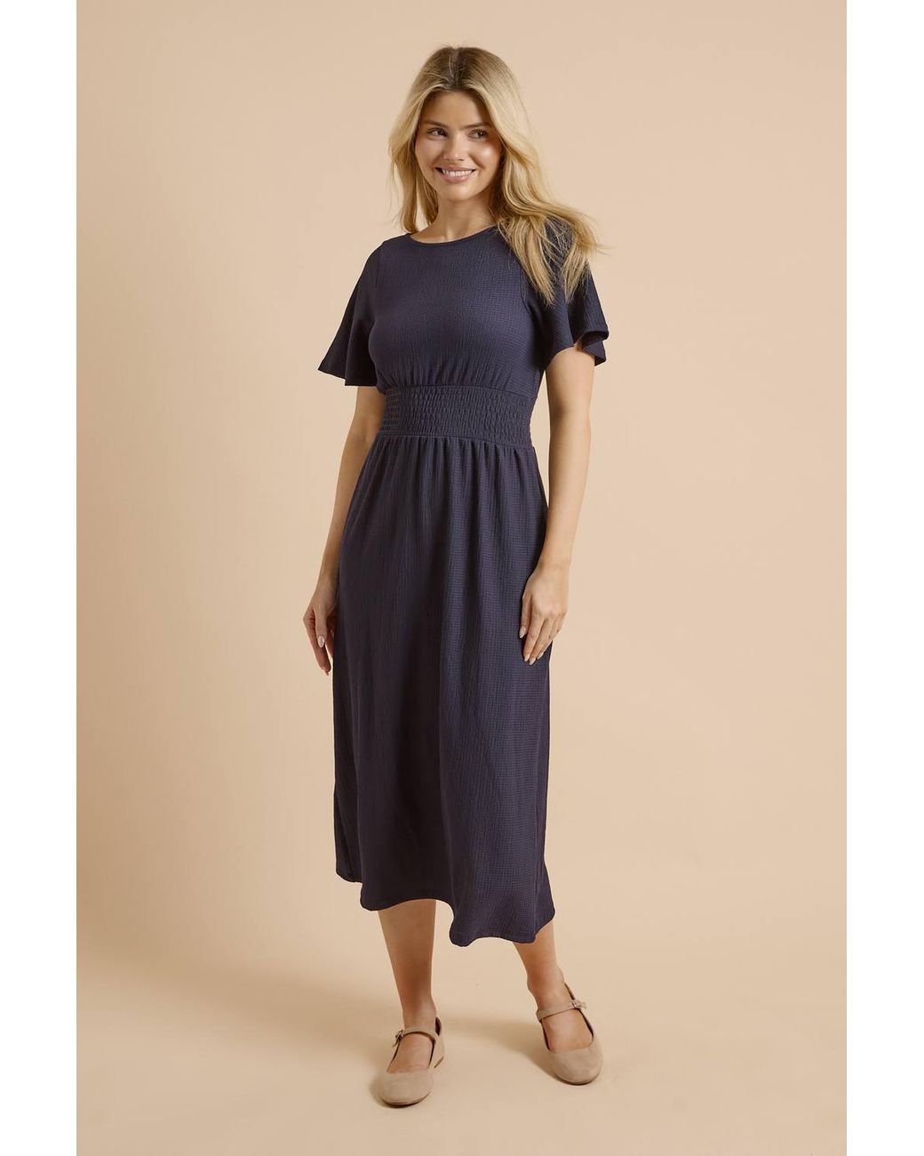 Dorothy Perkins Blue Shirred Waist Short Sleeve Midi Dress