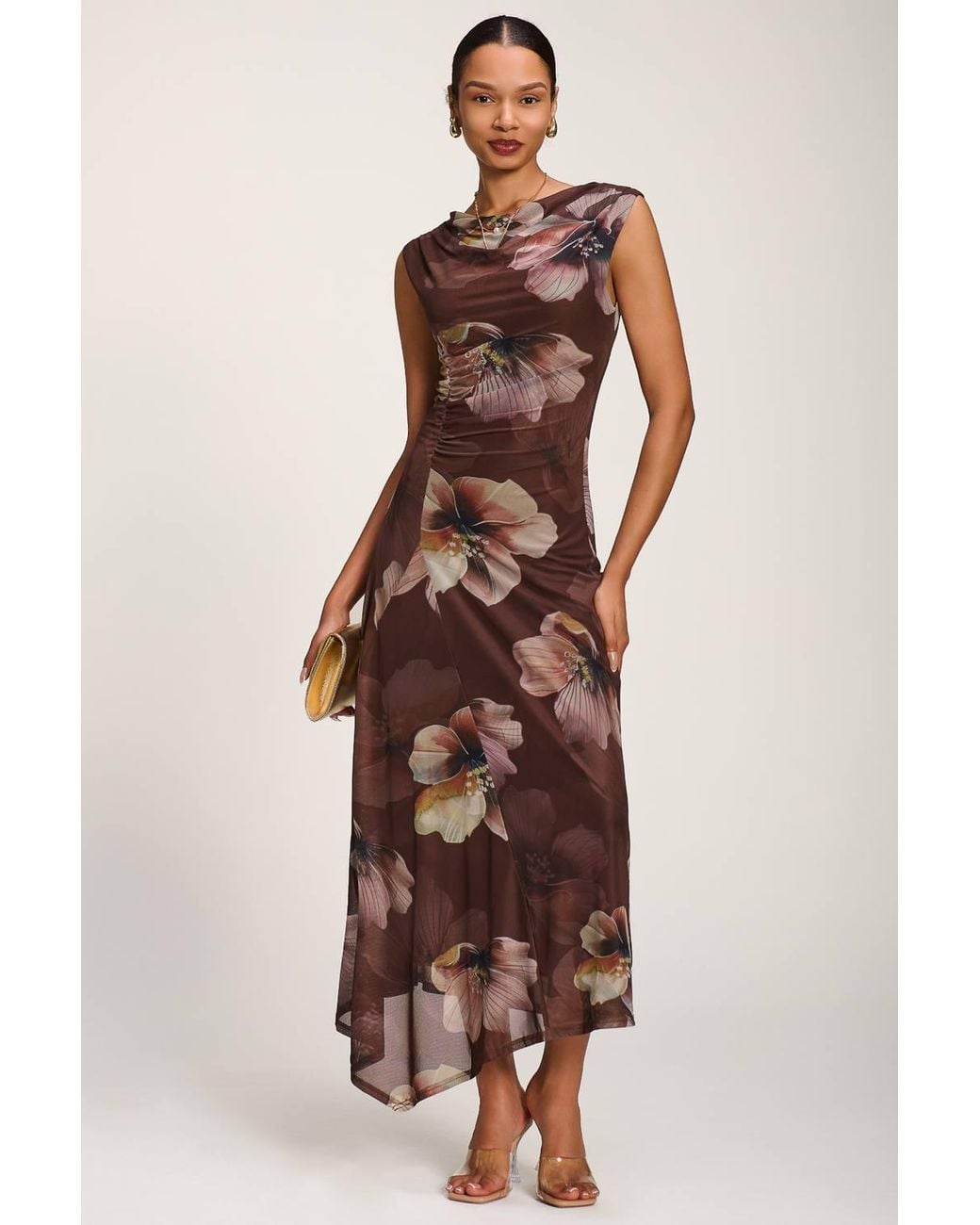 Jolie Moi Brown Asymmetric Draped Mesh Maxi Dress