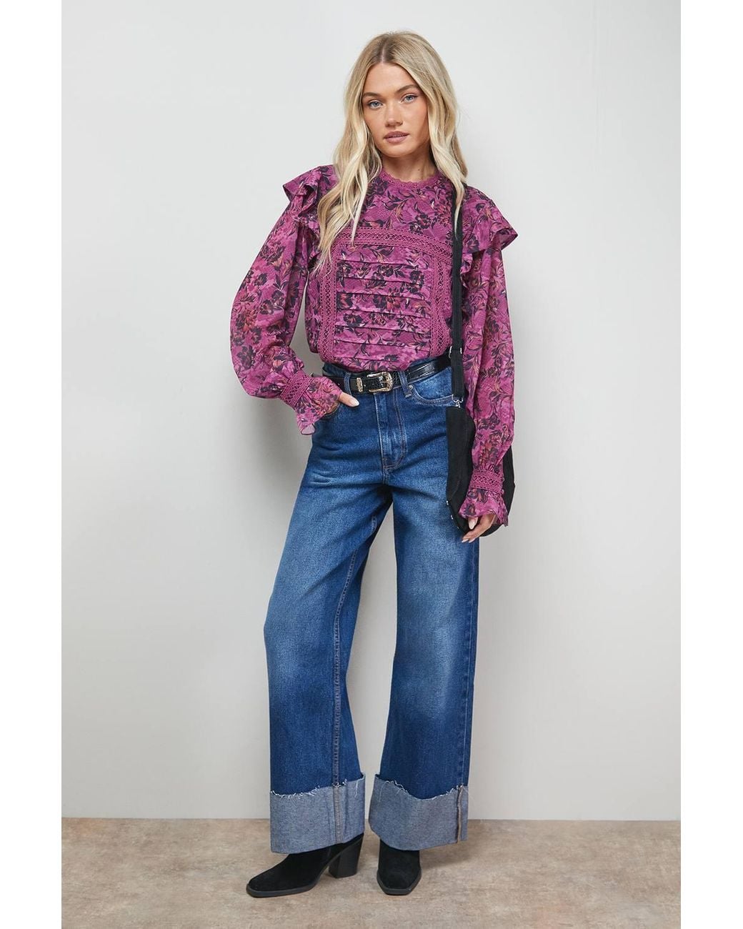Oasis Purple Printed Lace Trim Pleat Detail Boho Blouse