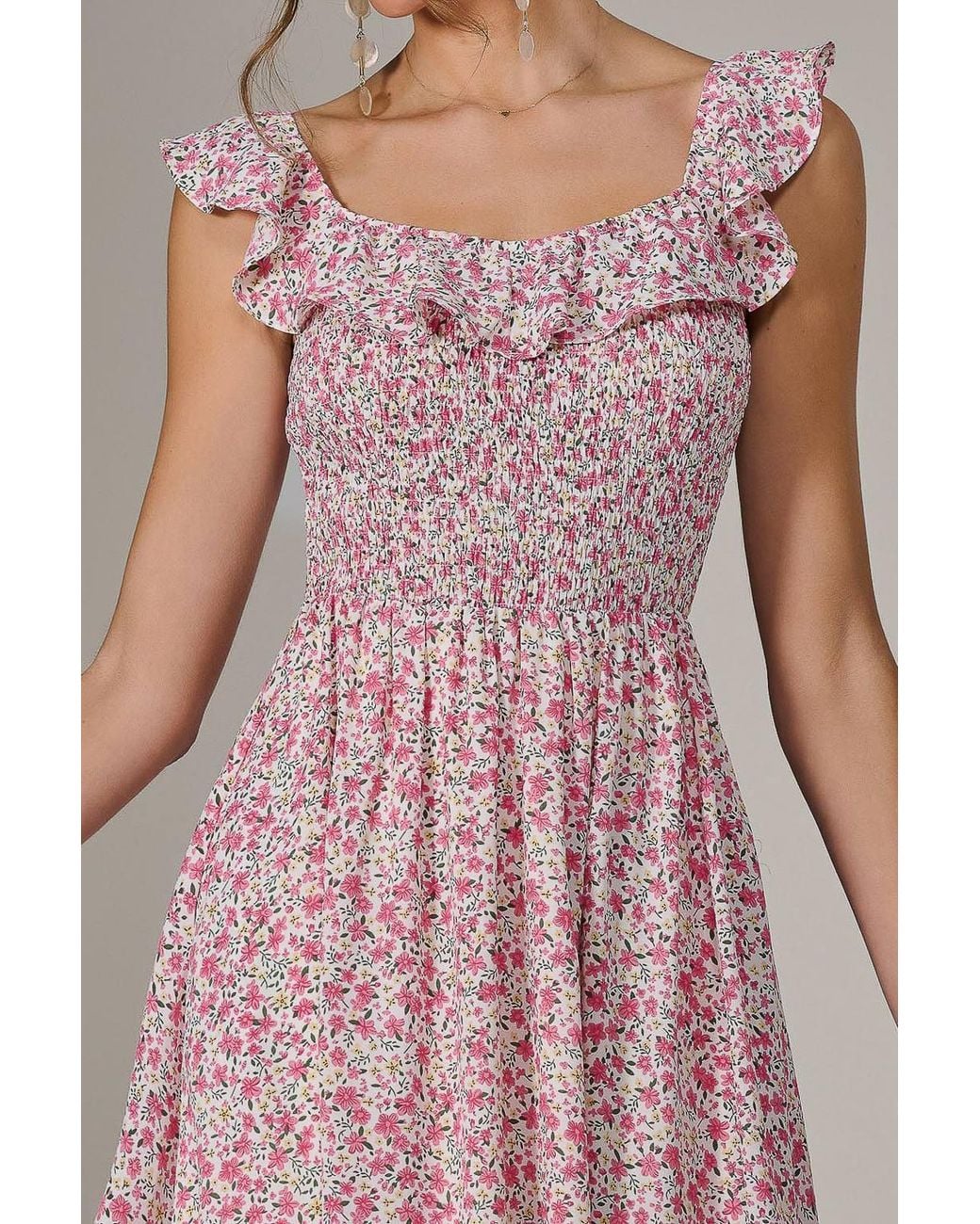 Jolie Moi Pink Ruffle Shirred Woven Midi Dress