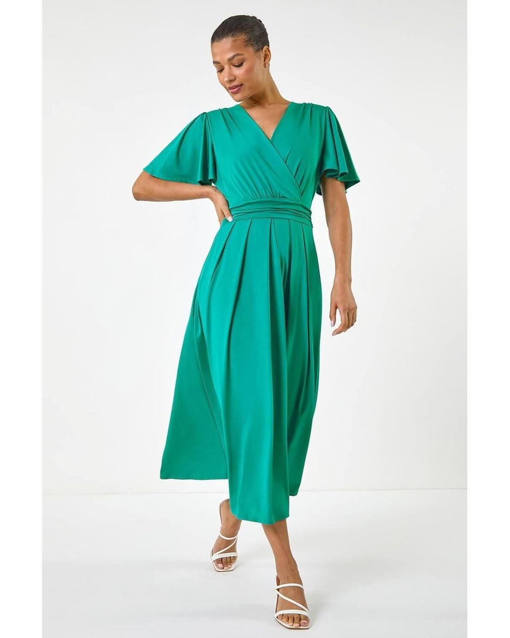 Roman Green Tie Back V-Neck Stretch Midi Dress