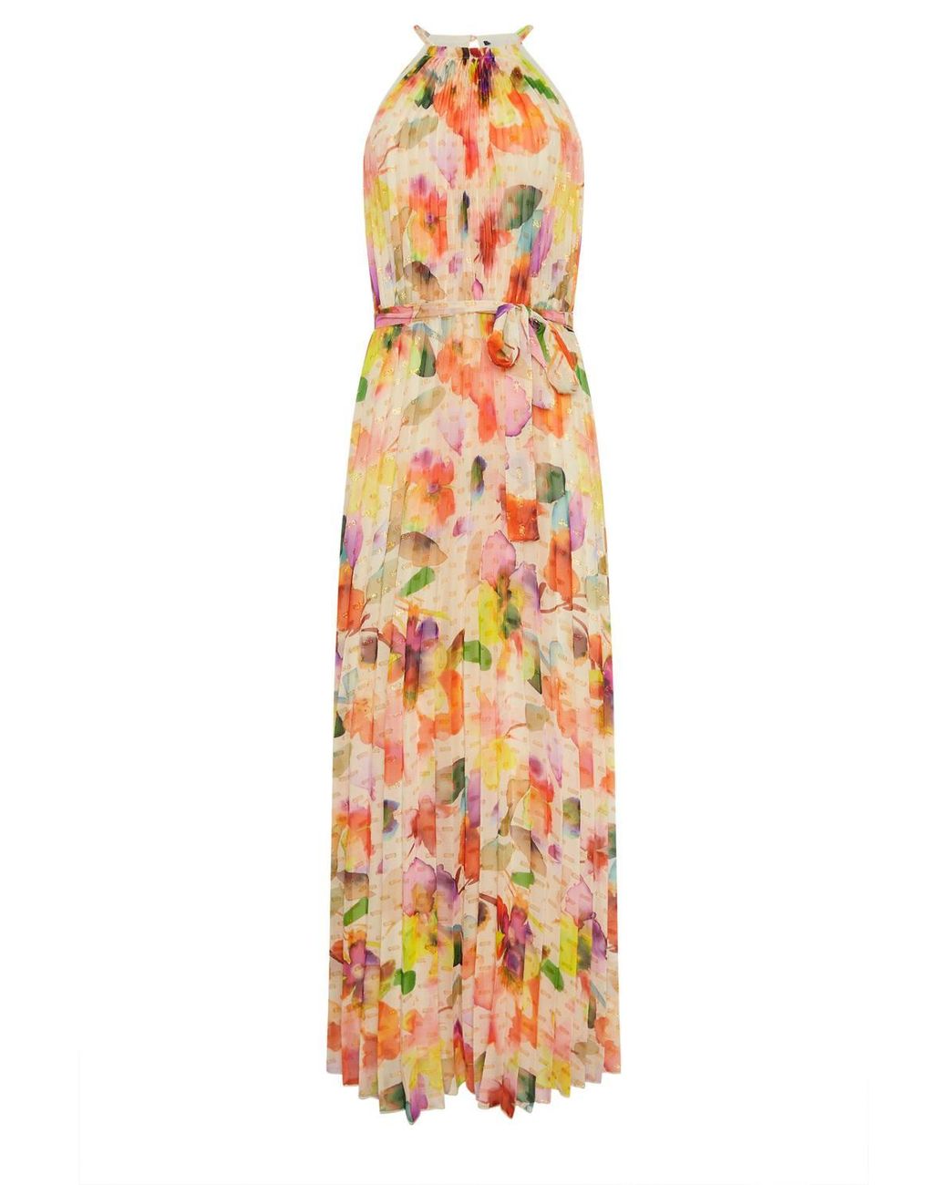 Star by Julien MacDonald Natural Abstract Pleated Halter Neck Maxi Dress