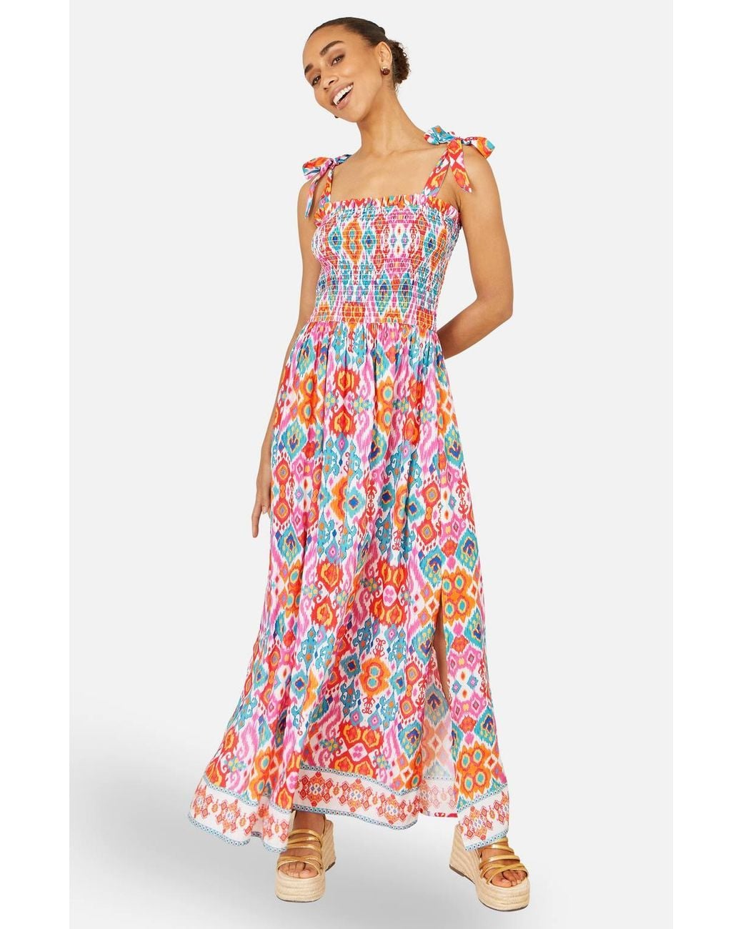 Yumi' Red Multicolour Ikat Print Maxi Viscose Sun Dress