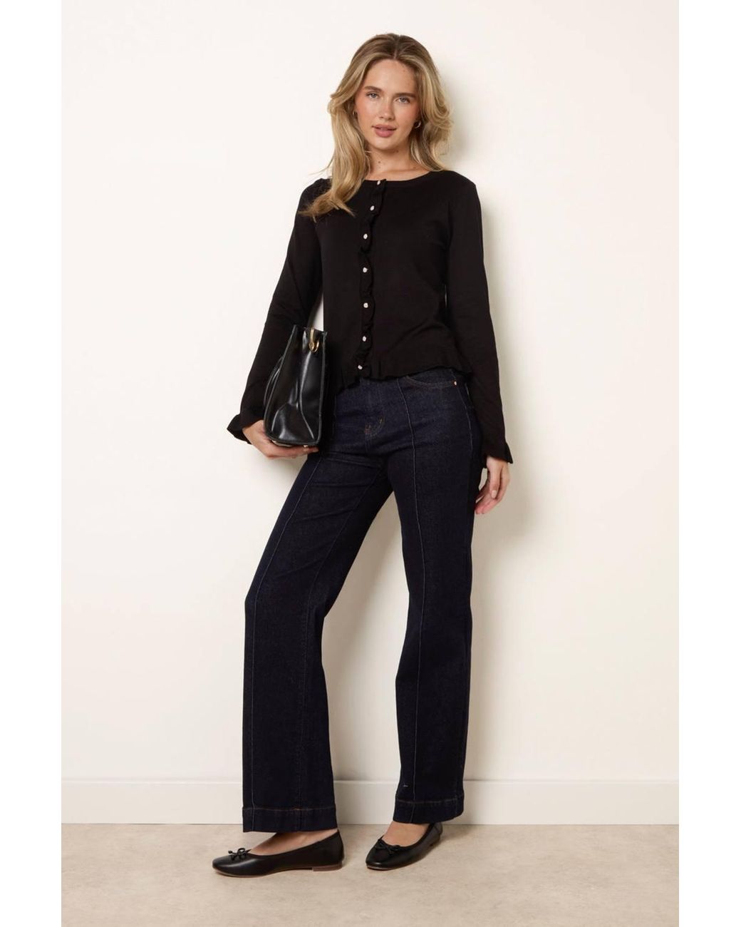 Blue Vanilla Black Long Sleeve Button Up Round Neck Cardigan