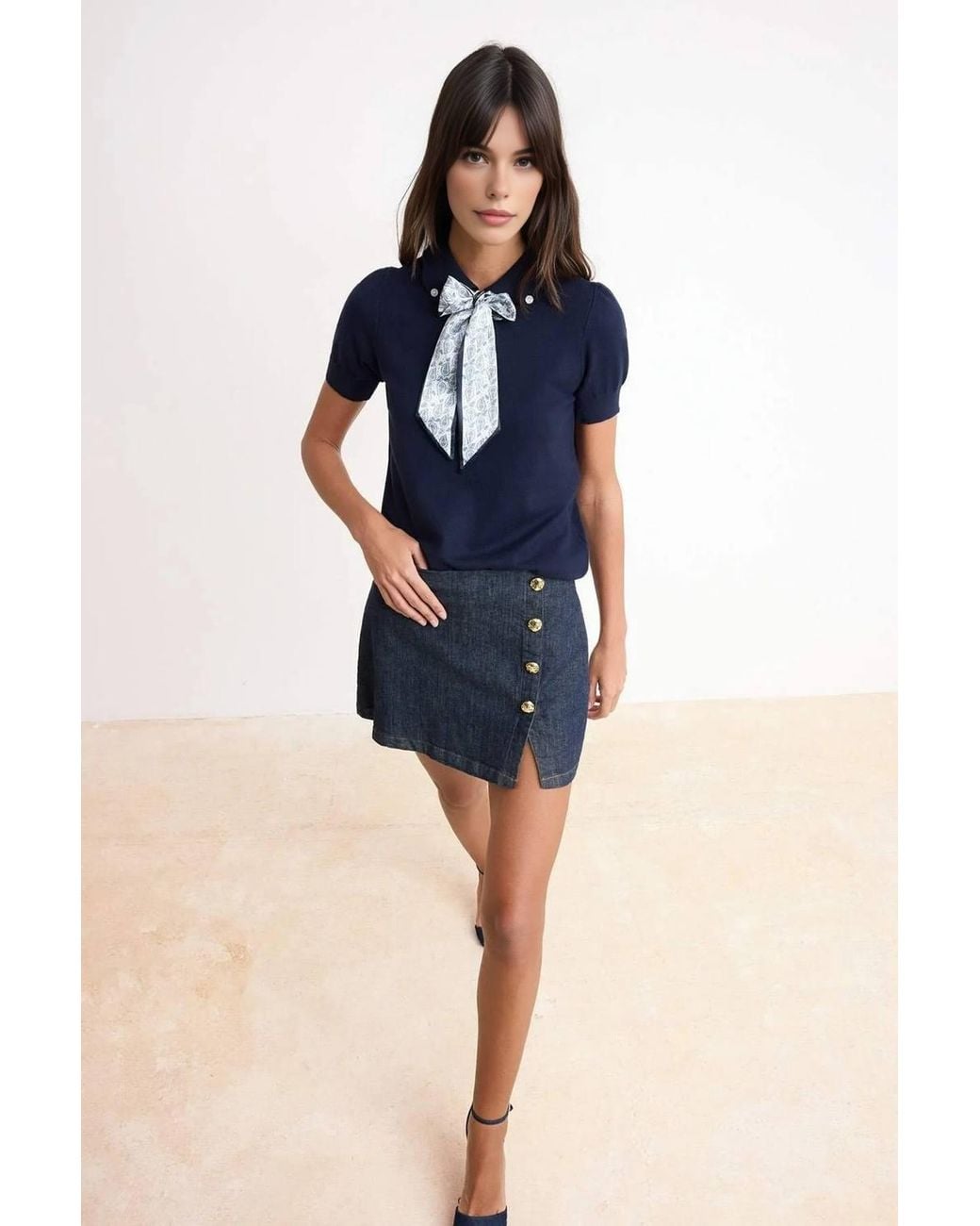 WOVCOR Blue Tie Neck Collared Short Sleeve Knitted Slim Fit Top