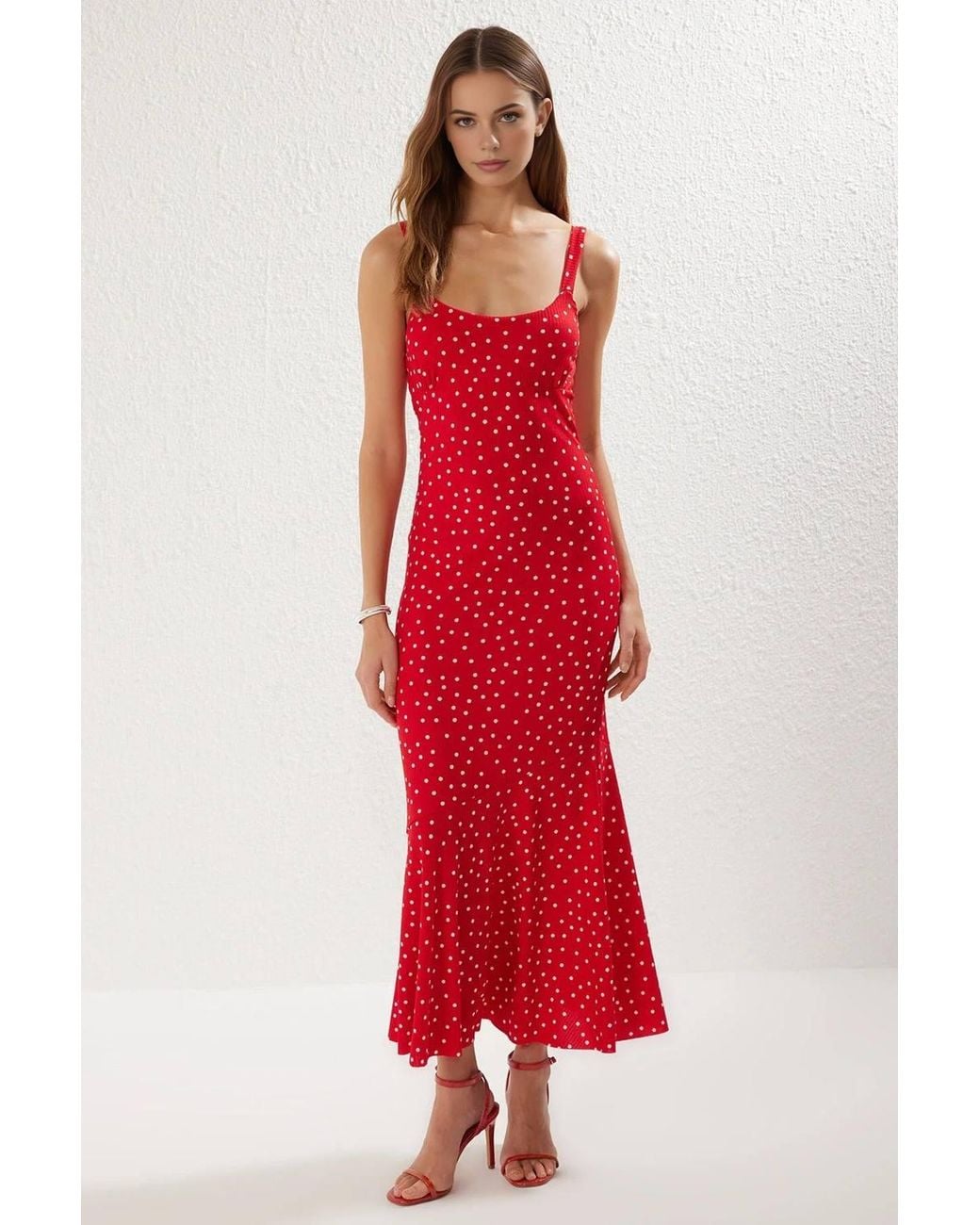 WOVCOR Red Polka Dot Strappy Bodycon Maxi Dress W/ Frill Hem