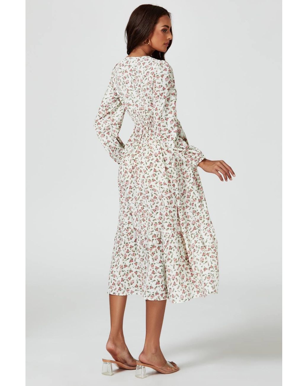 FS Collection White Floral Print Long Sleeve Midi Dress