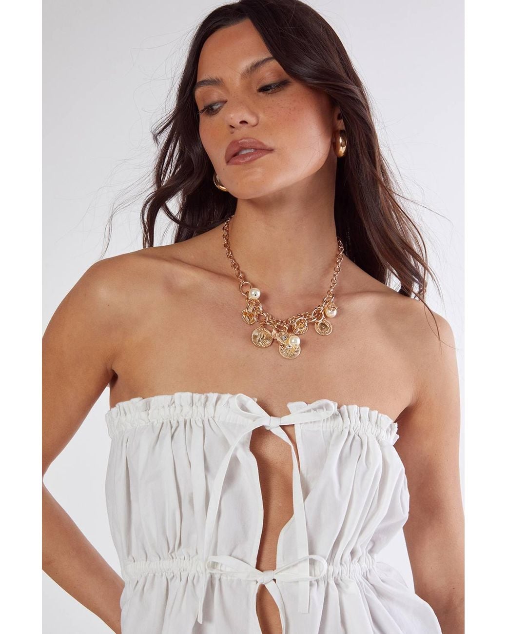 Nasty Gal White Cotton Poplin Bandeau Ruched Tie Front Top