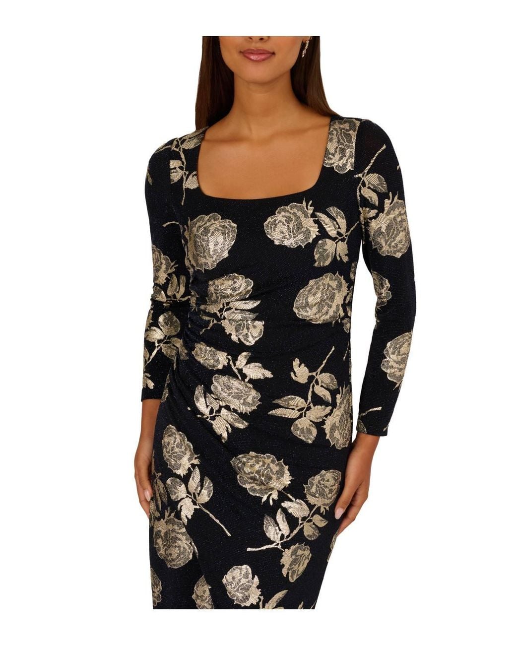 Adrianna Papell Black Floral Metallic Knit Gown Dress