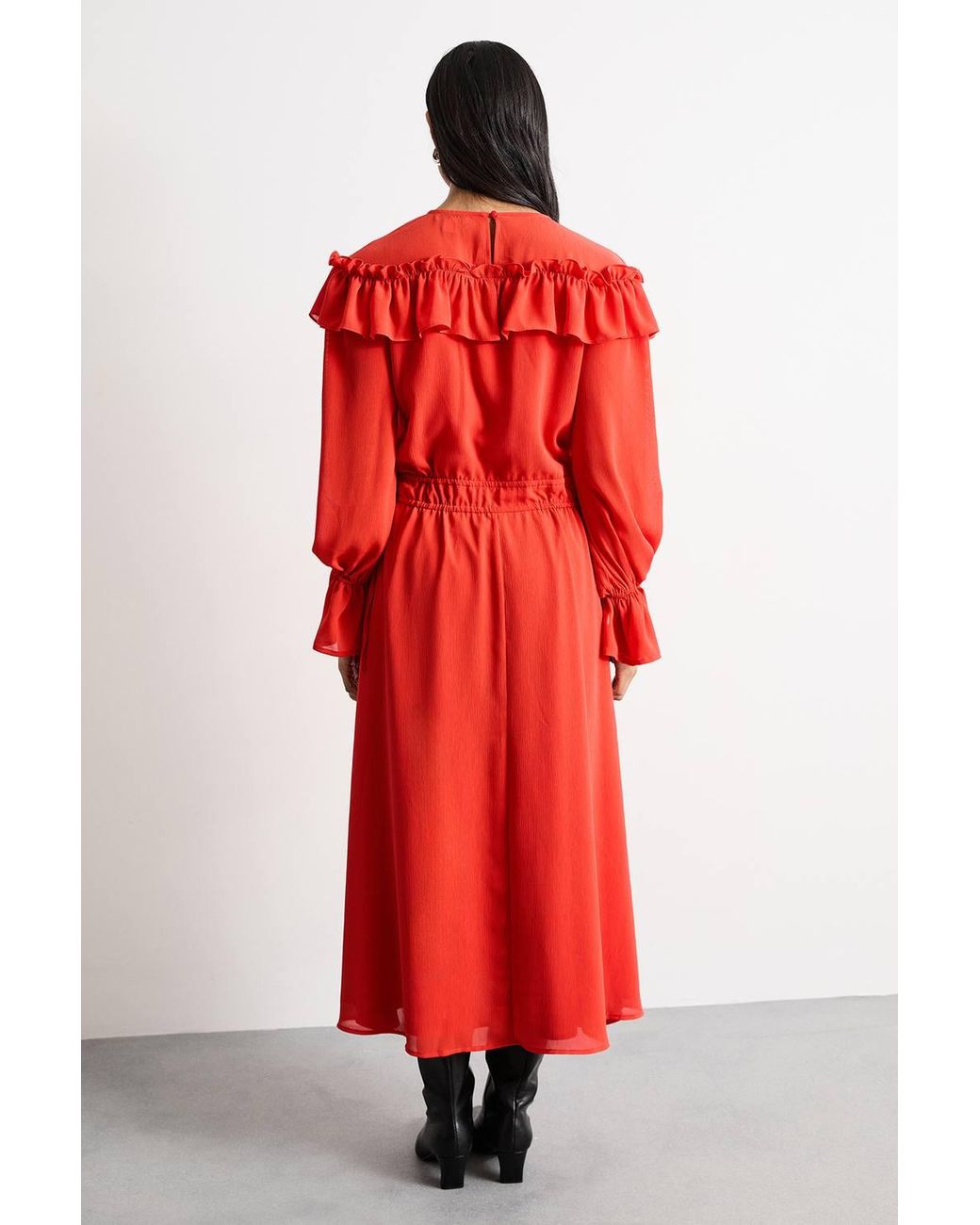 Warehouse Red Ruffle Shoulder Detail V Neck Boho Maxi Dress
