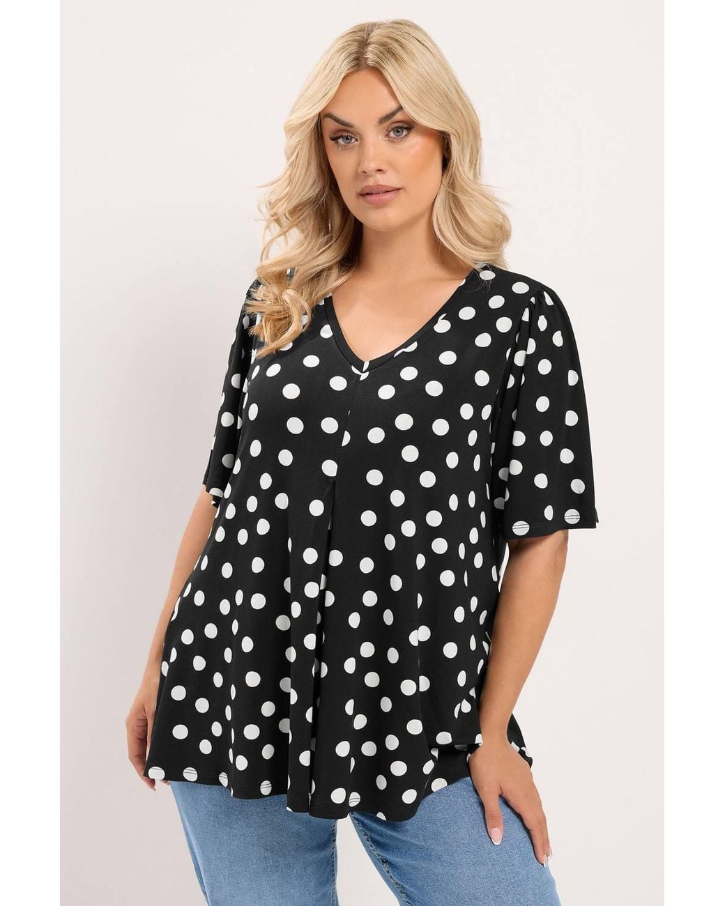 Yours Black Polka Dot Pleated Front Top
