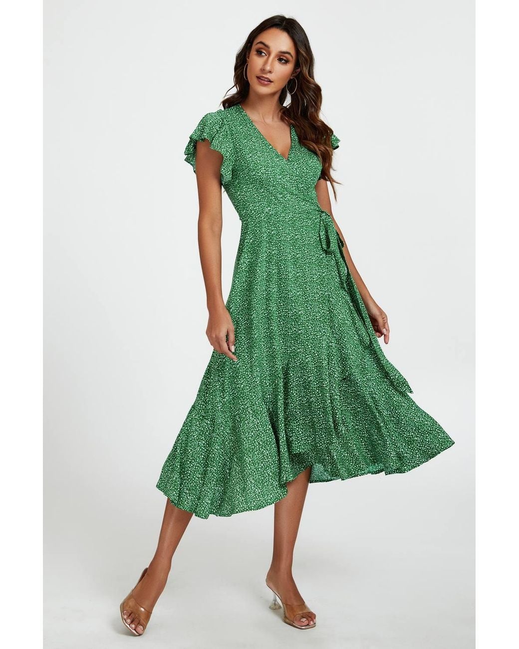 FS Collection Green Floral Frill Sleeve Midi Wrap Dress