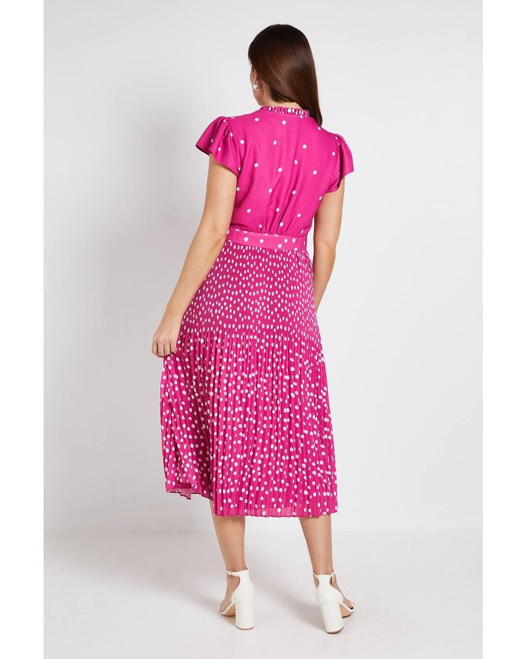 Wallis Pink Polka Dot Ruffle Neck Pleated Midi Dress